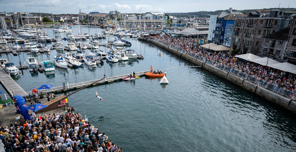 Crowds watching the Red Bull Up The Mast 2026 event on the Barbican and Sutton Harbour